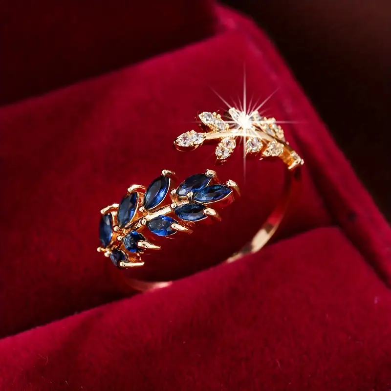 Anello in oro con zirconi Open Blue Leaf
