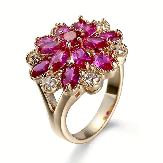 Anello con fiore rosa e cristalli