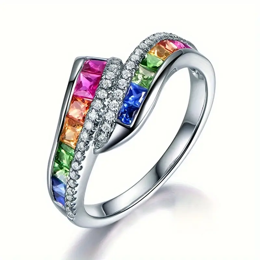 Anello d'argento intrecciato con molti cristalli colorati