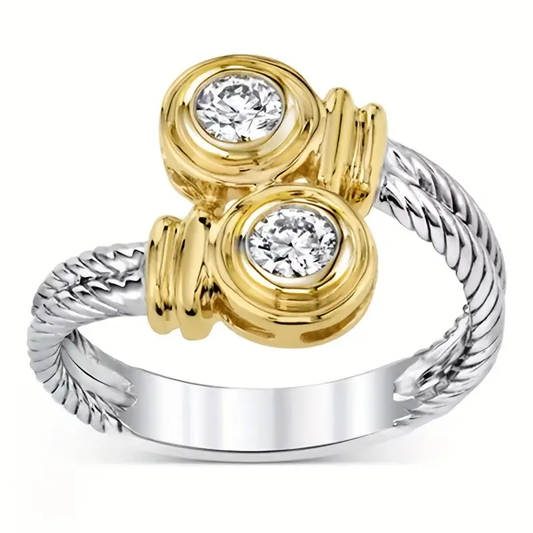 Anello aperto in oro e argento con zirconia