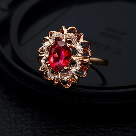 Anello a rosa con zirconia e cristallo rosso