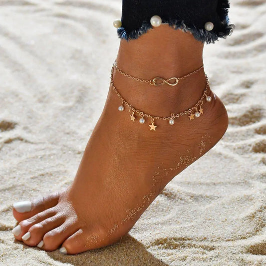 Braccialetto con cordino all'ankle infinito + perline e stelle