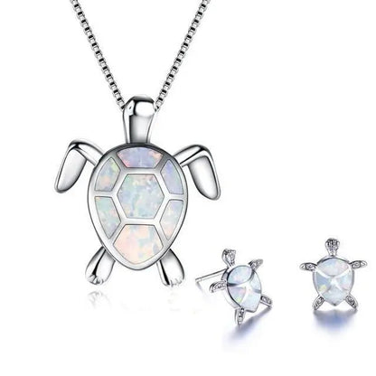 Set di Collana e Orecchini a Forma di Tartaruga Marina in Opale e Argento