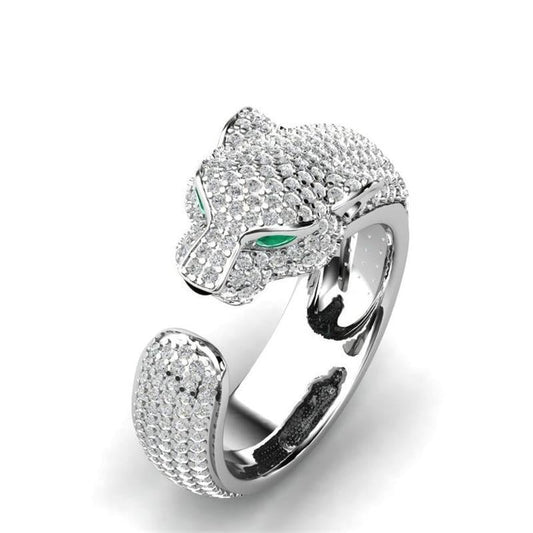 Anello Jaguar Regolabile in Argento 18K e Oro Rosa con Occhi in Zirconia Verde