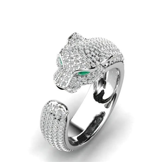 Anello Jaguar Regolabile in Argento 18K e Oro Rosa 18K con Occhi in Zirconia Verde