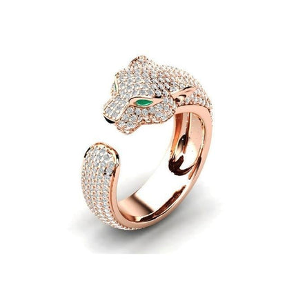Anello Jaguar Regolabile in Argento 18K e Oro Rosa con Occhi di Zirconia Verde