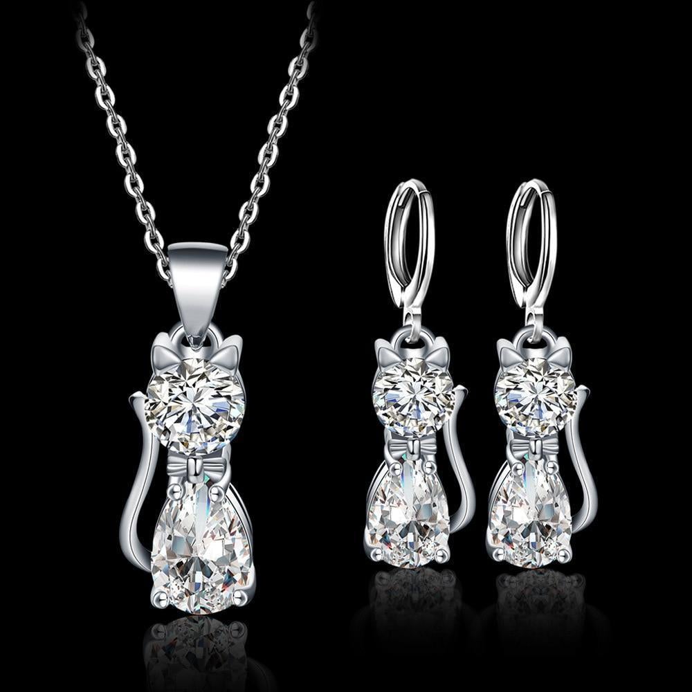 Collana con Girocollo e Orecchini Gatti Felici in Argento Sterling e Zirconia Bianca Lucidata